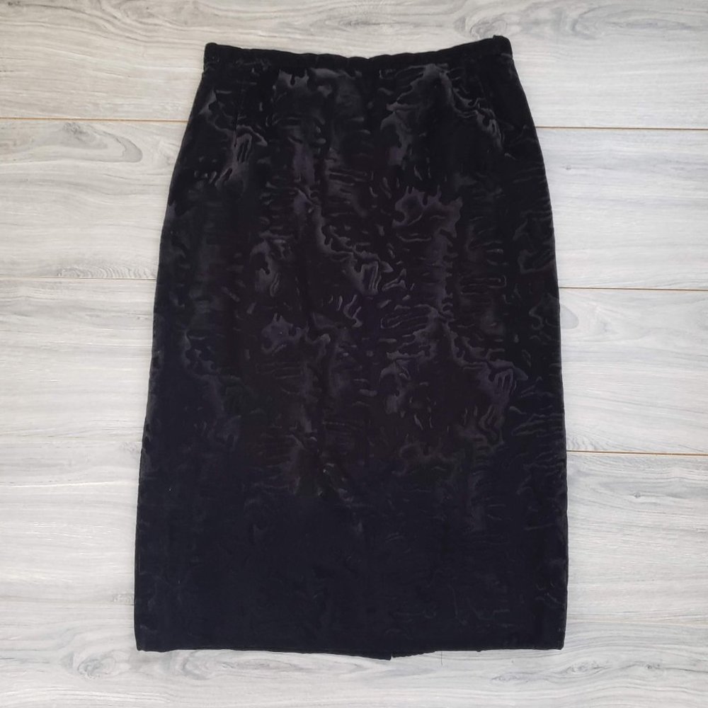 Vintage Classic Patterned Velvet High Rise Pencil Midi Skirt Black Size Medium
